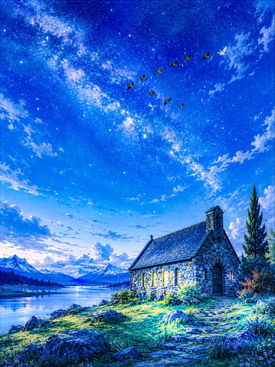Geese Crossing the Galaxy at Dawn AI image template preview