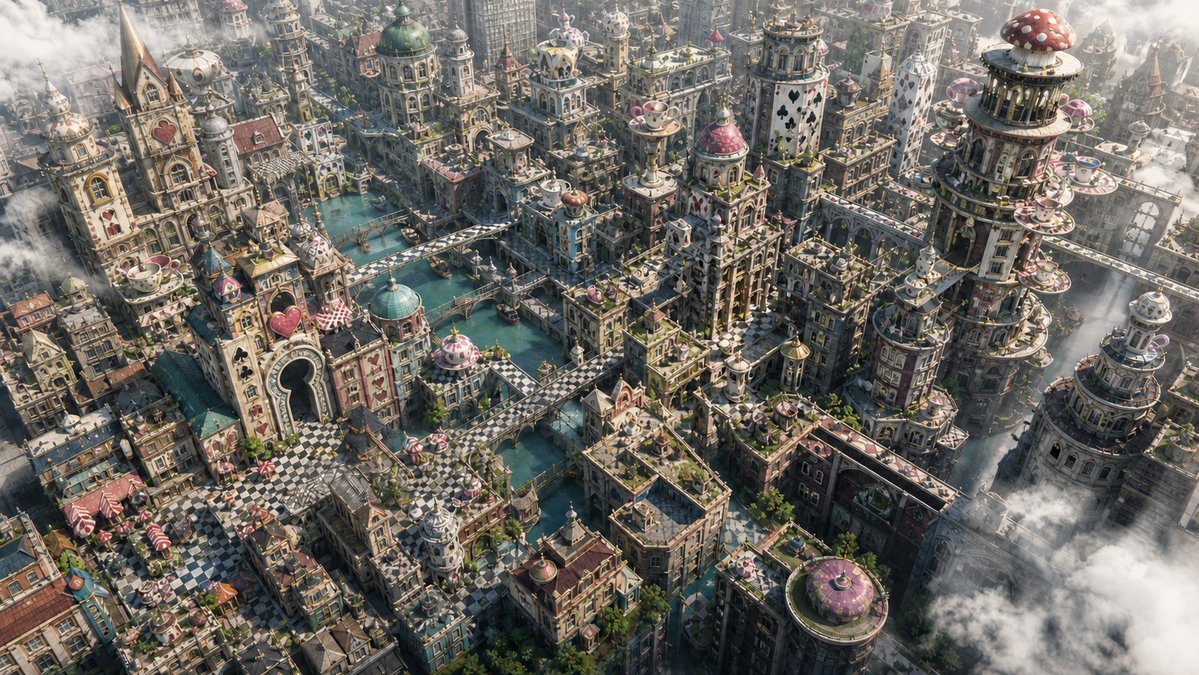 Fantasy Whimsical Downtown Aerial View AI image template preview