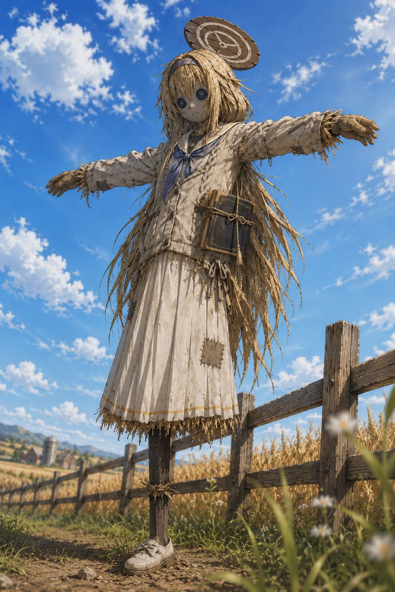 Anime Schoolgirl Scarecrow in Rural Field AI image template preview