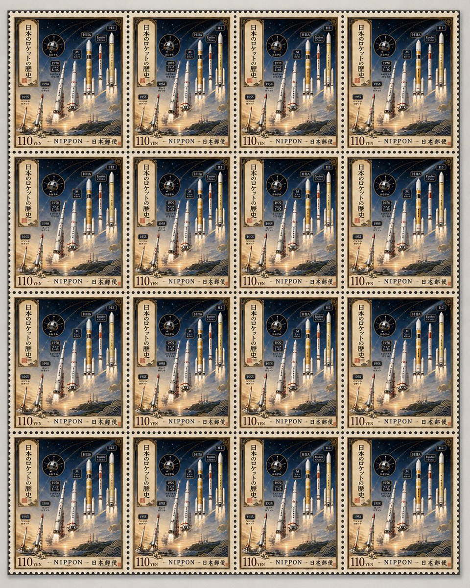 Fictional Japanese Rocket Stamp Sheet AI image template preview