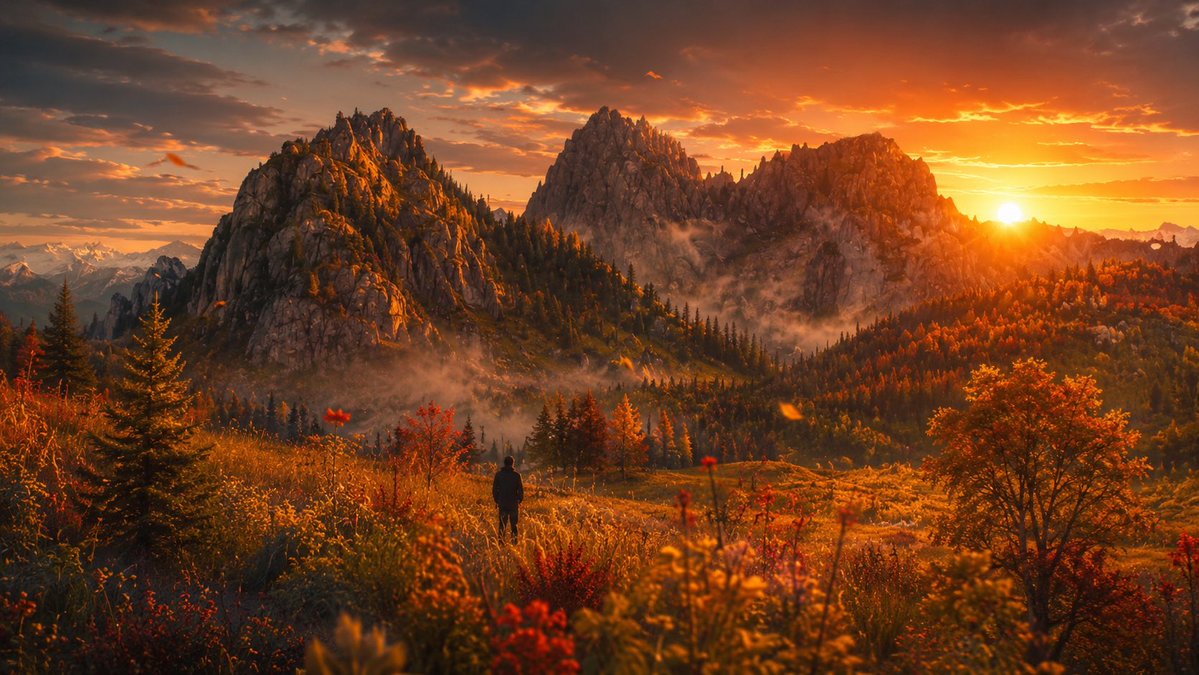 Cinematic Alpine Sunset Hiker AI image template preview