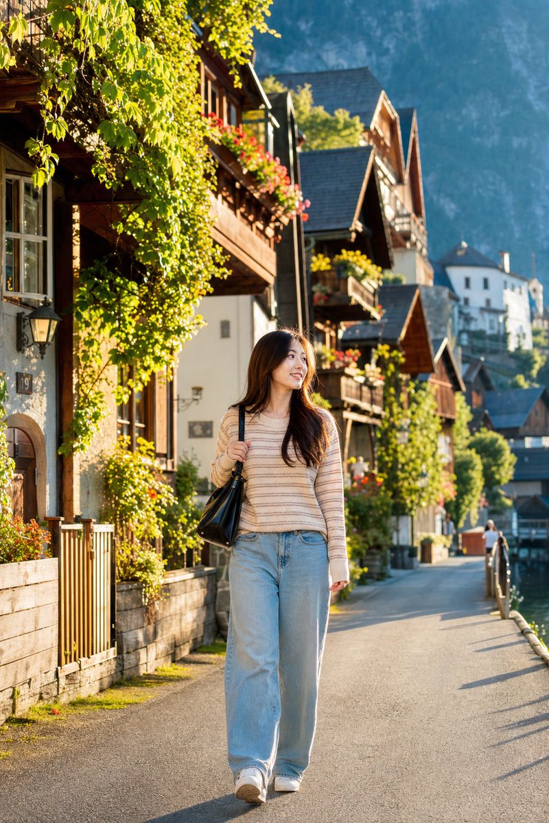 Japanese Woman in Hallstatt Travel Portrait AI image template preview