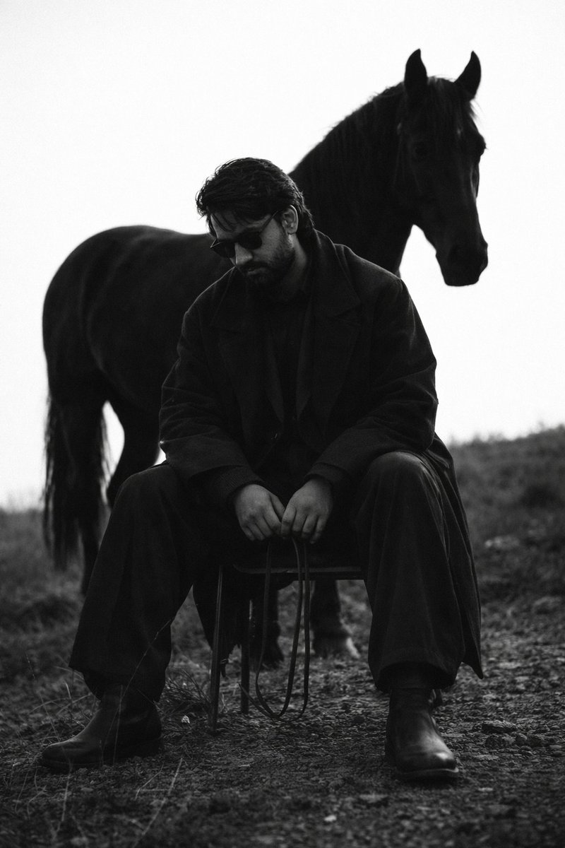 Cinematic Black and White Man and Horse Portrait AI image template preview