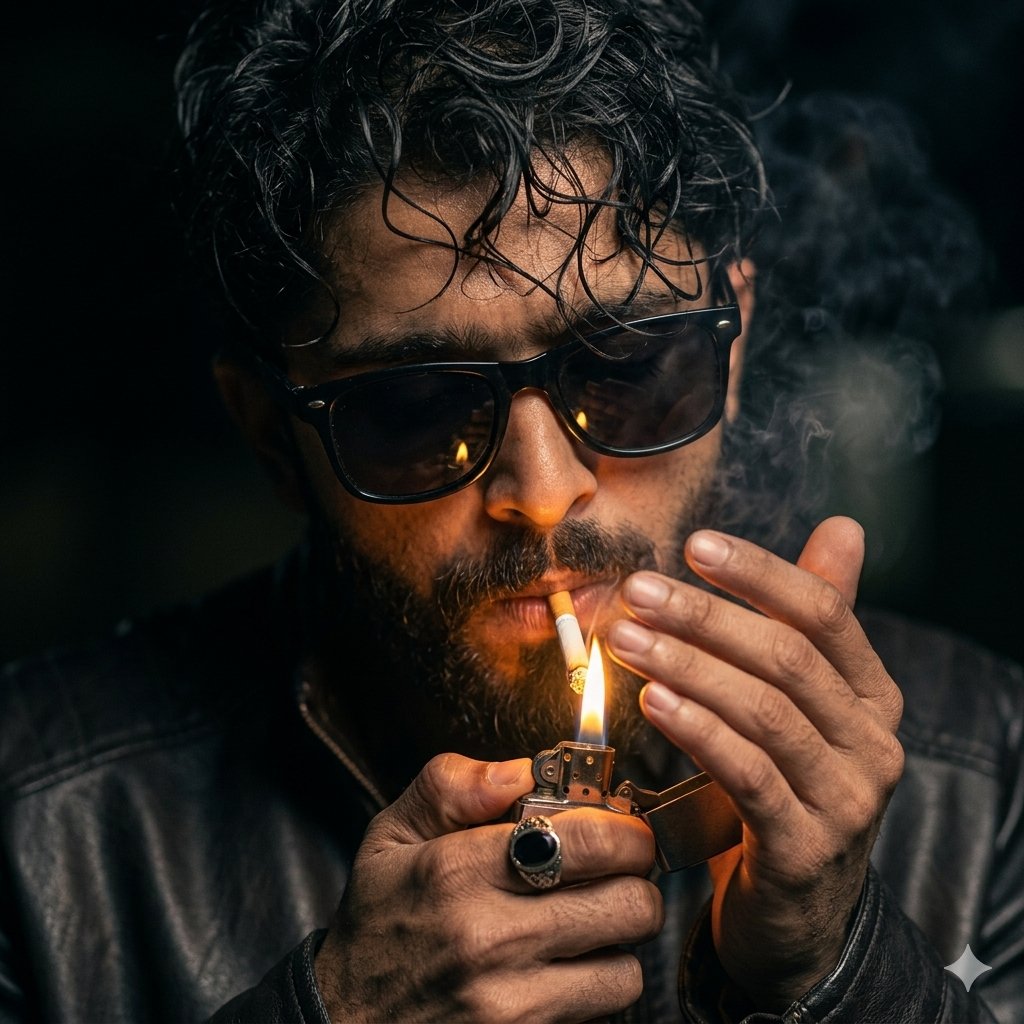 Moody Cinematic Portrait with Lighter Flame AI image template preview