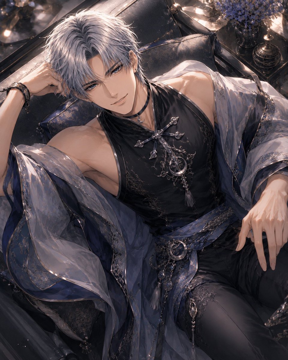 Silver-Haired Gothic Fantasy Reclining Man AI image template preview