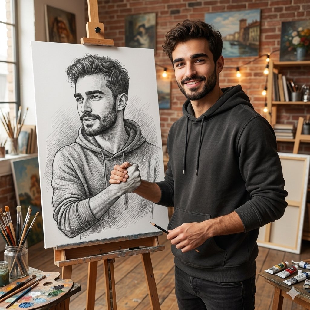 Realistic Artist Studio Sketch Interaction AI image template preview