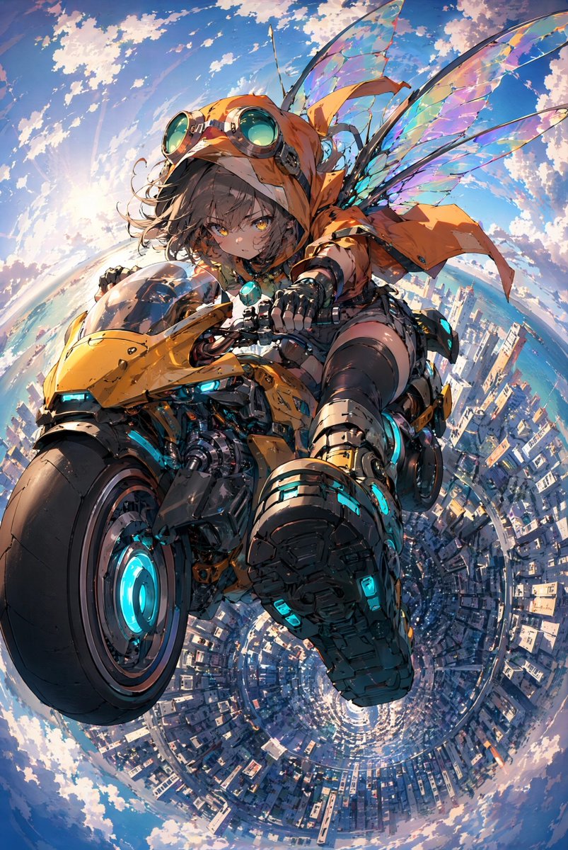 Fairy Biker Above Tiny-Planet City AI image template preview