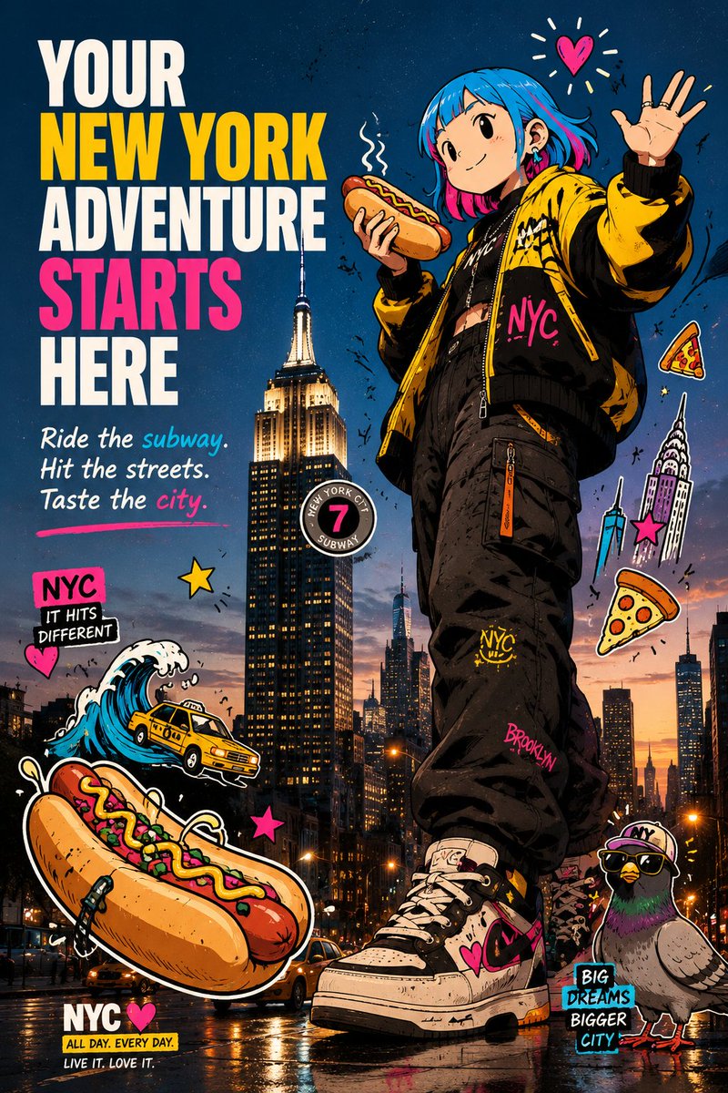 Anime NYC Adventure Poster AI image template preview