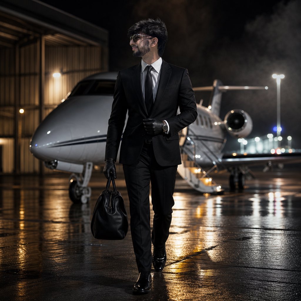 Cinematic Private Jet Hangar Portrait AI image template preview