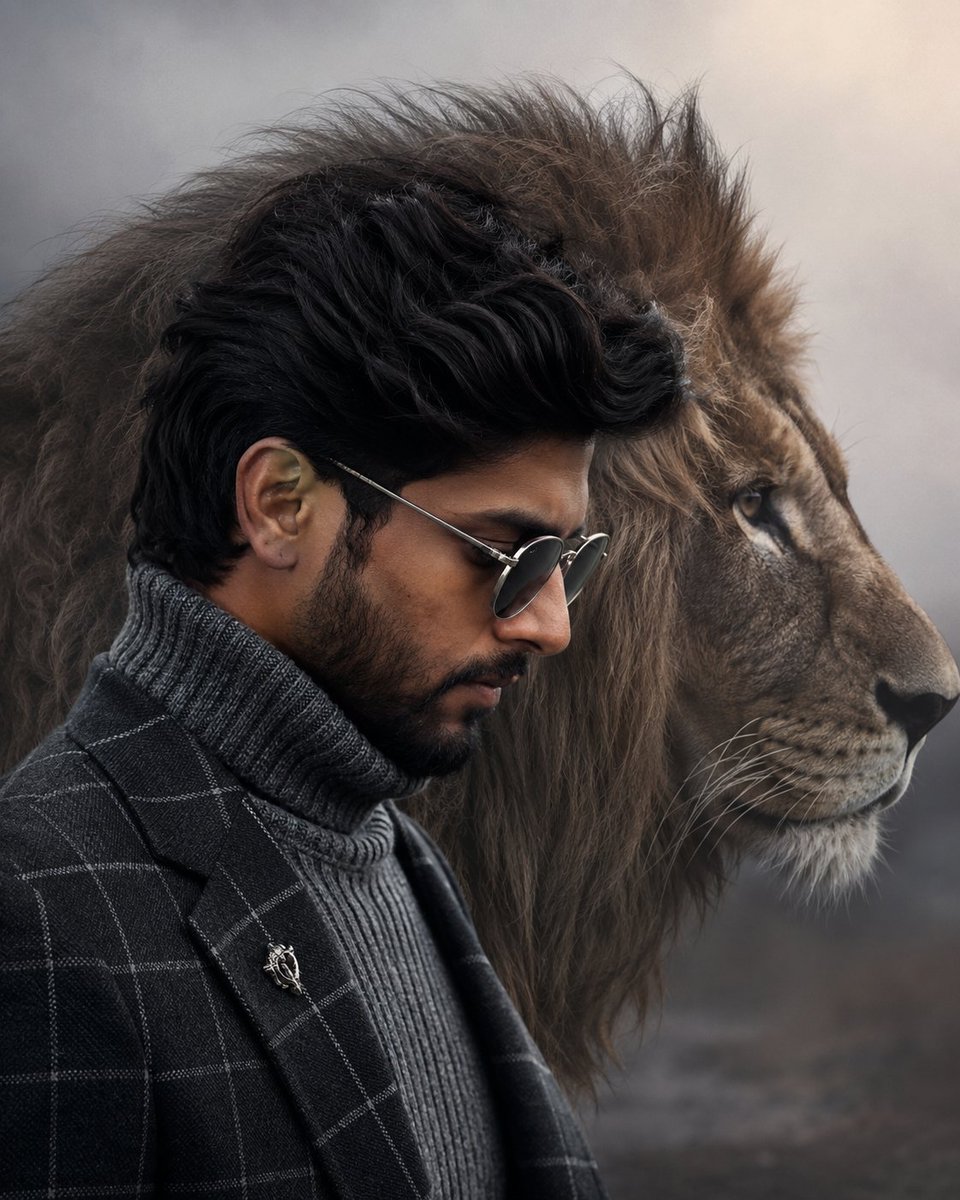 Cinematic Fashion Portrait with Lion AI image template preview
