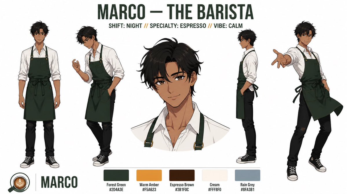 Anime Barista Character Reference Sheet AI image template preview
