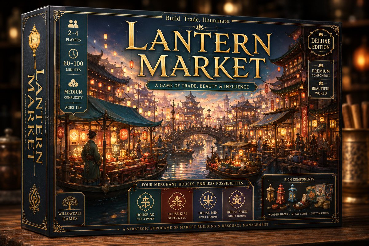 Deluxe Lantern Market Board Game Box AI image template preview