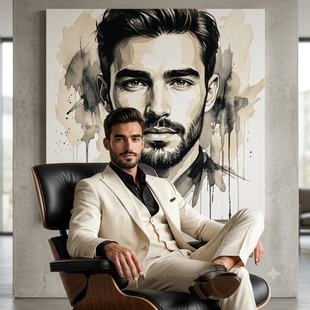 Lounge Suit Cinematic Portrait AI image template preview