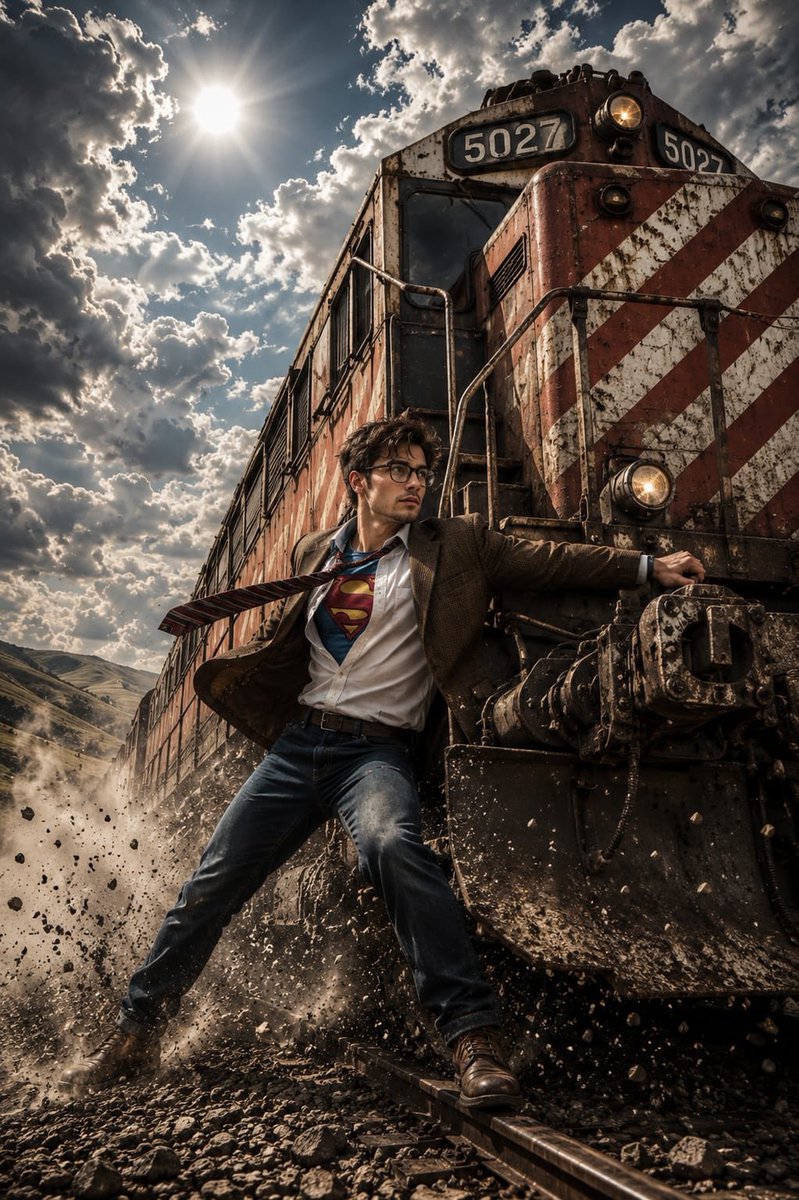 Heroic Action Train Stopping Portrait AI image template preview