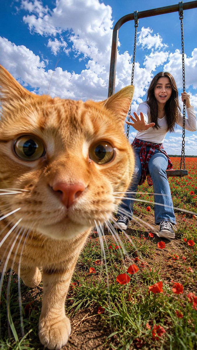 Photobombing Cat Flower Field AI image template preview