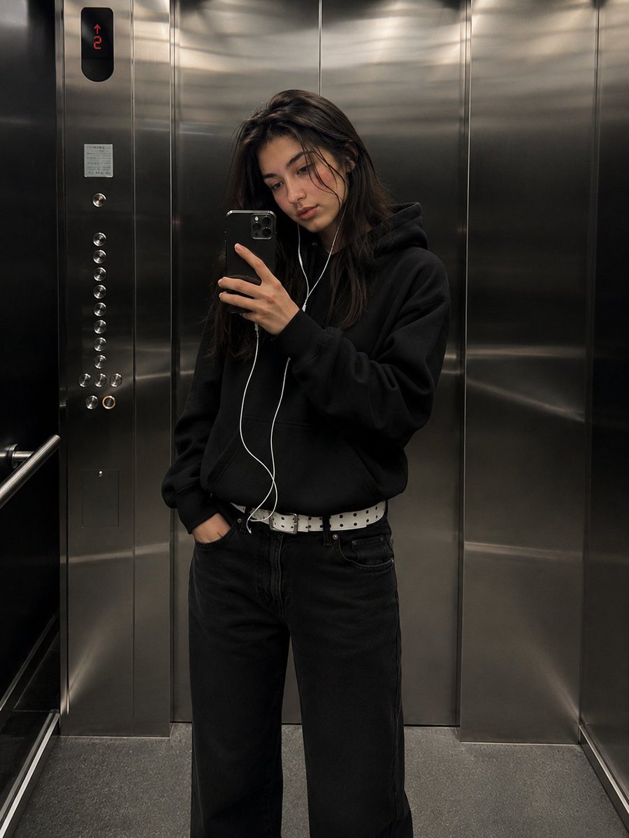 Urban Streetwear Elevator Mirror Selfie AI image template preview