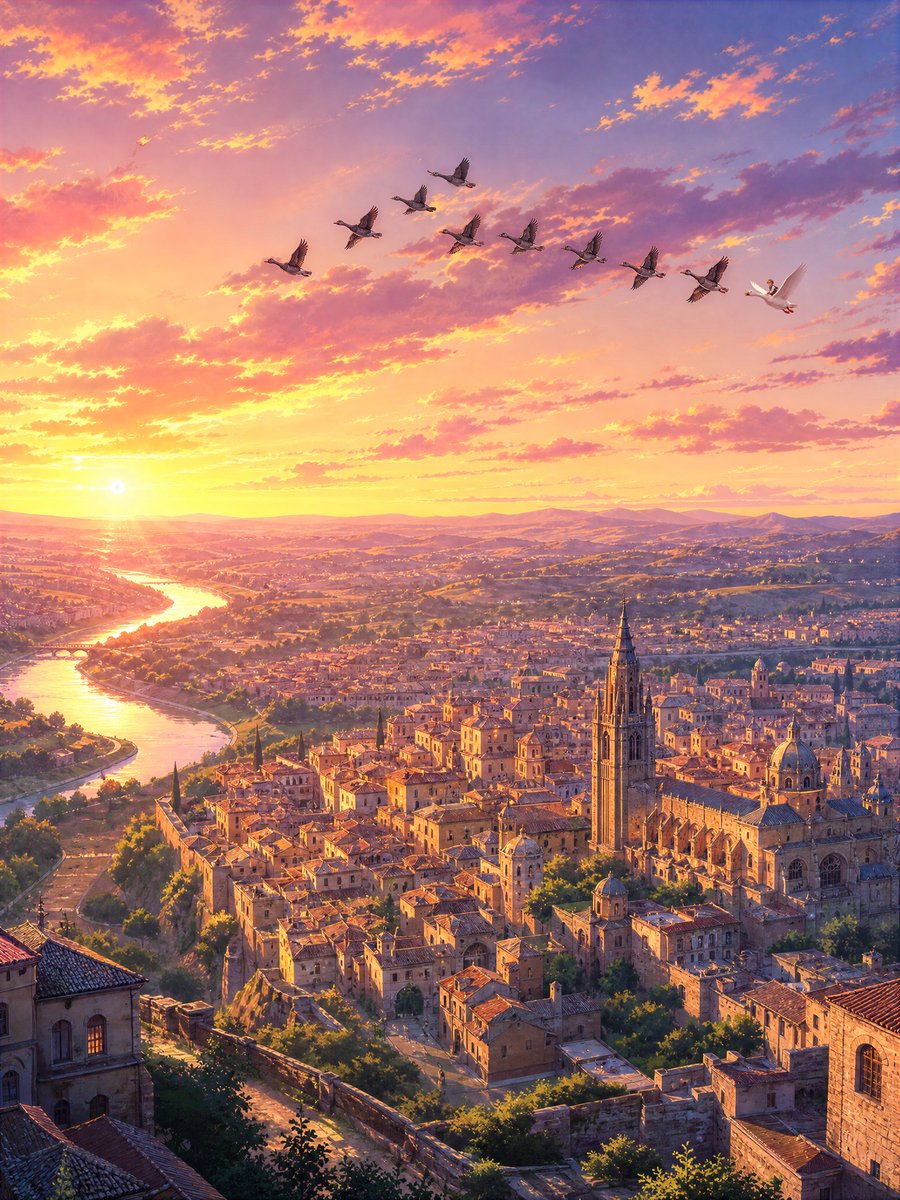 Sunset Ancient Spanish City Landscape AI image template preview
