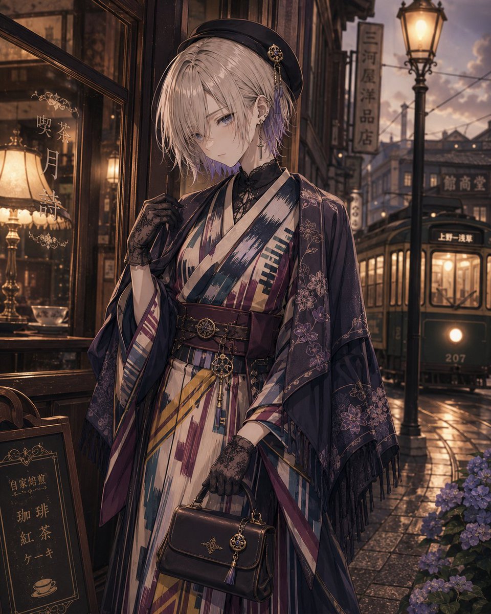 Showa Modern Meisen Kimono Fashion AI image template preview