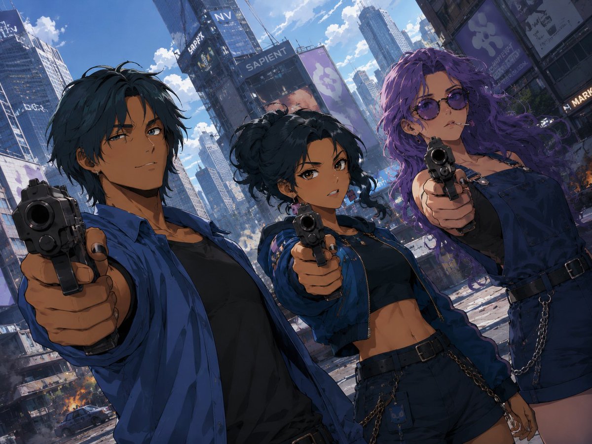Cyberpunk Trio Gunpoint Scene AI image template preview