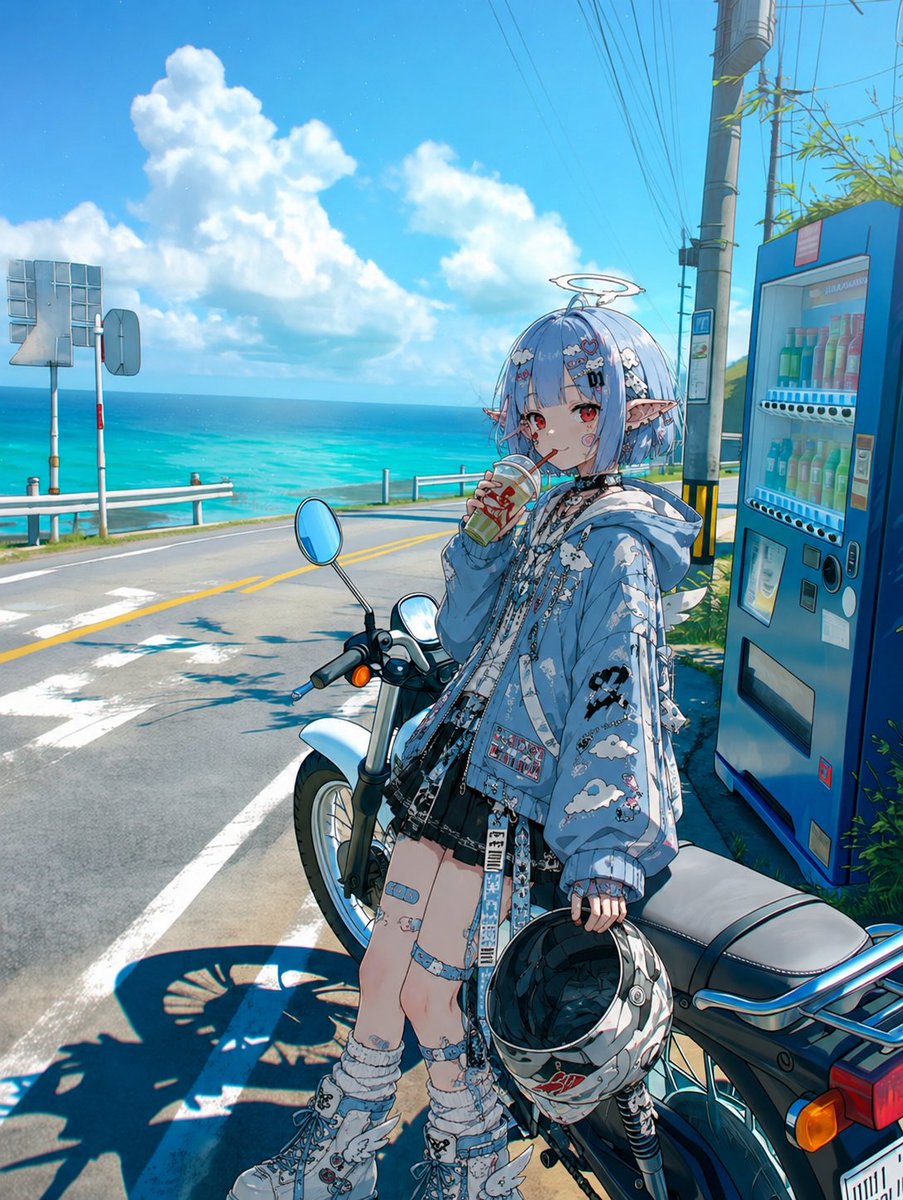 Coastal Motorcycle Anime Girl AI image template preview