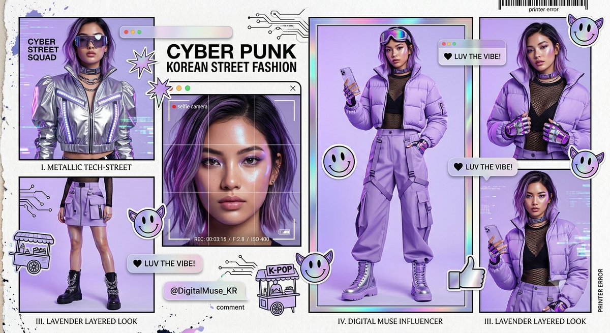 Cyberpunk Korean Fashion Zine Collage AI image template preview
