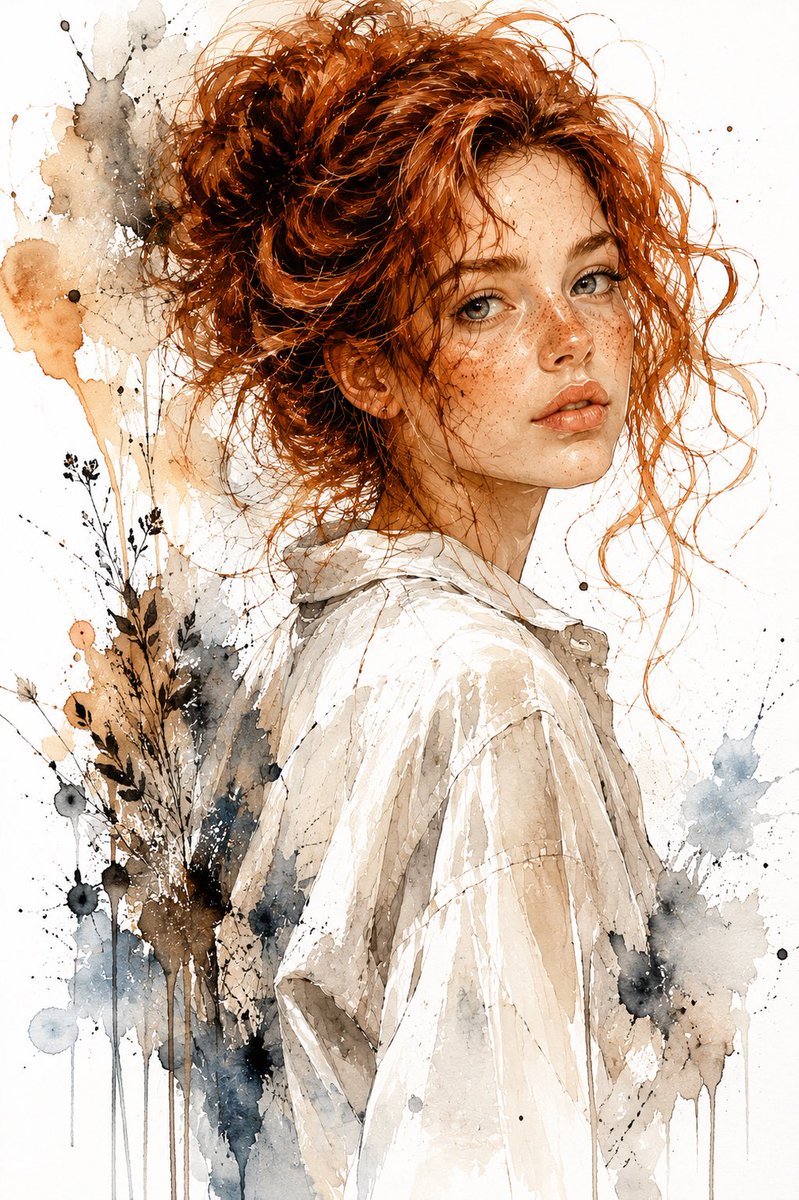 Watercolor and Ink Woman Portrait AI image template preview