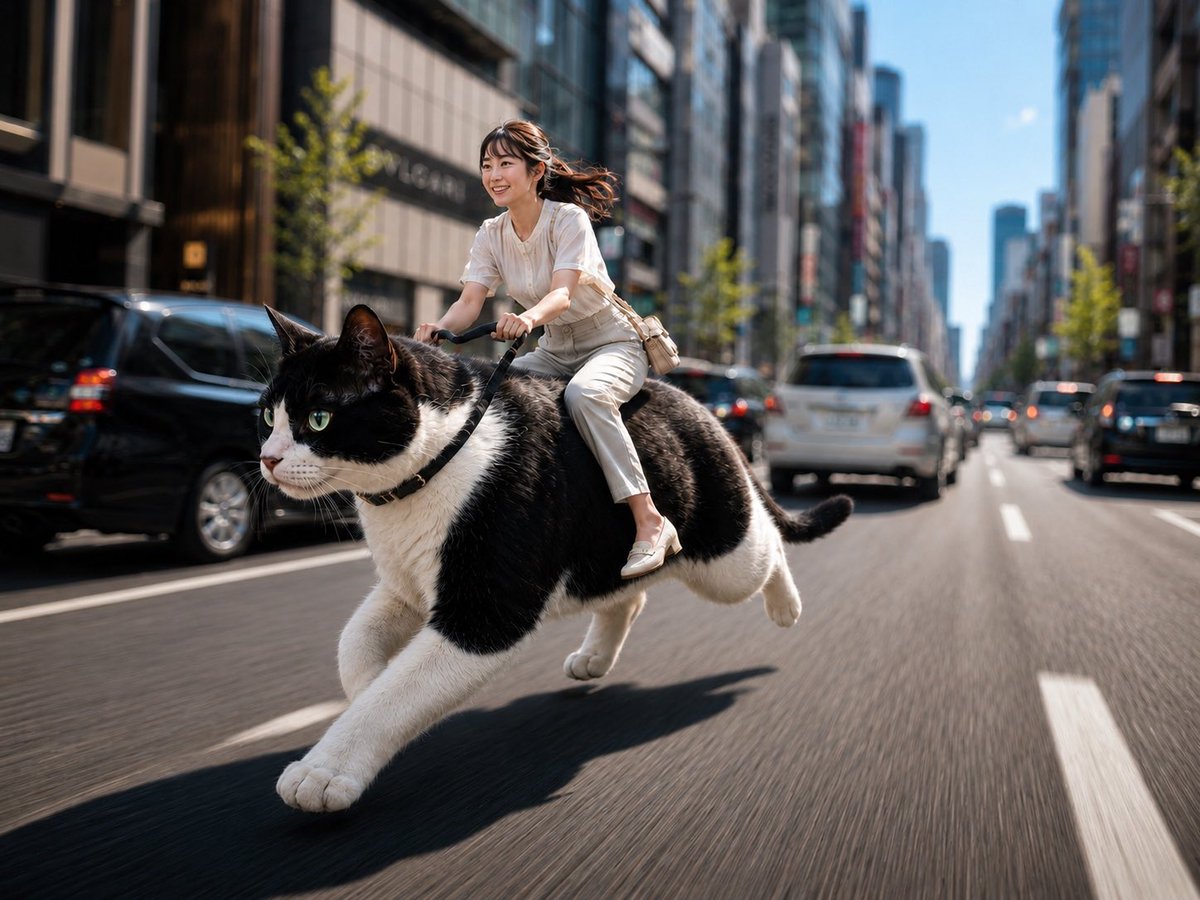Woman Riding a Giant Cat Commute AI image template preview