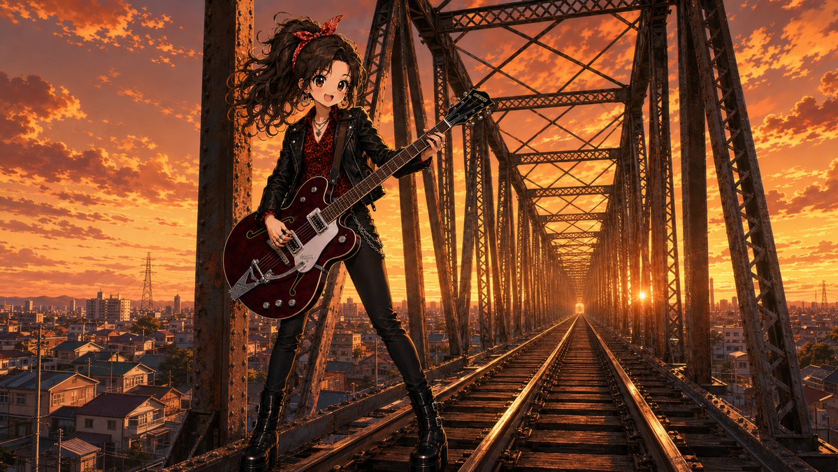 Anime Rock Guitarist on Railway Bridge AI image template preview