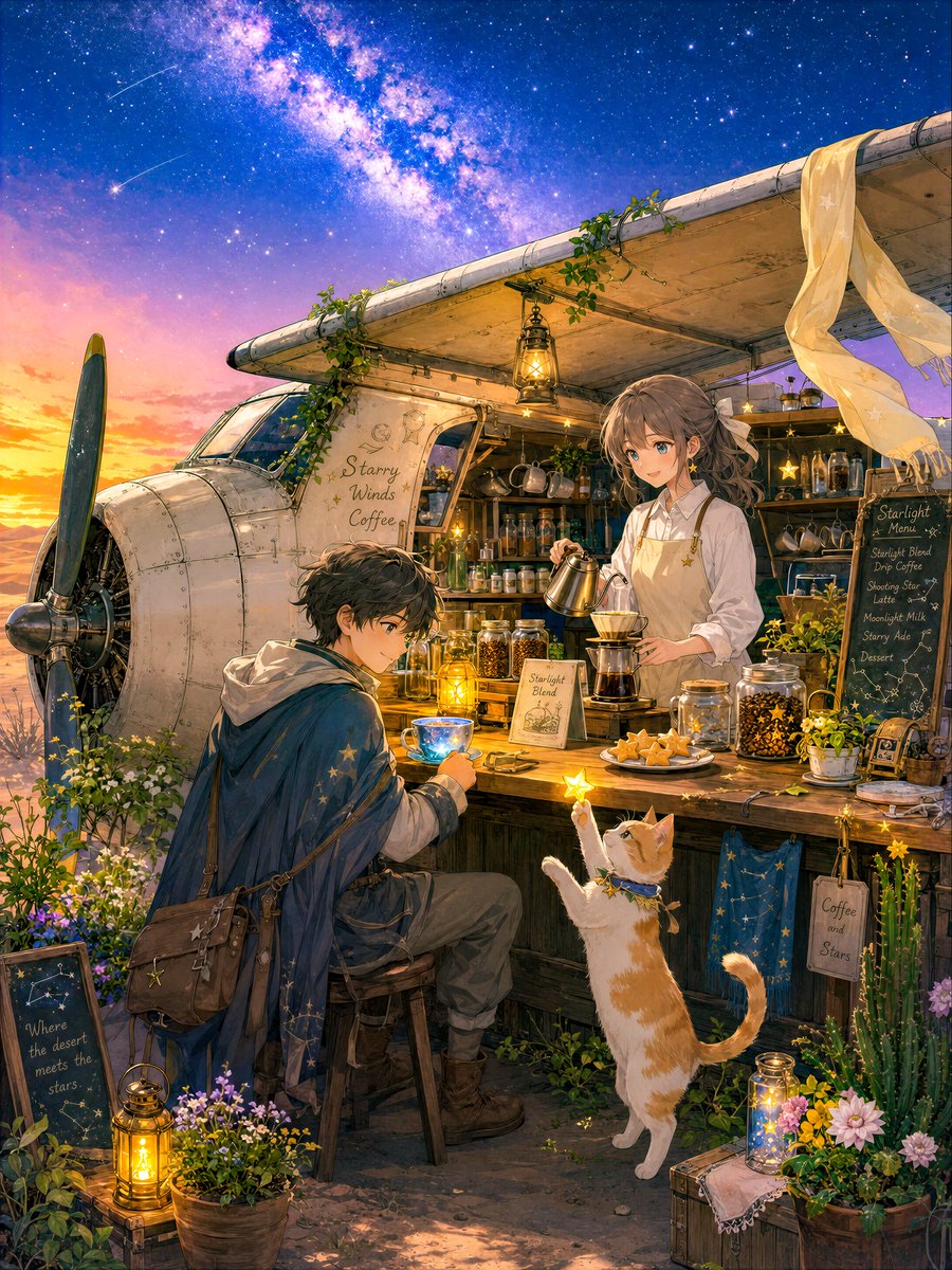 Desert Night Airplane Cafe Story AI image template preview
