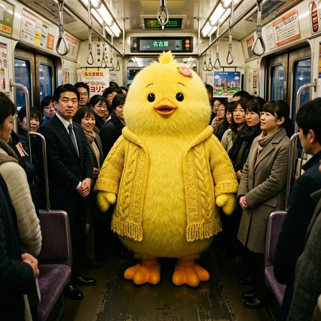 Yellow Chick Mascot on Japanese Train AI image template preview