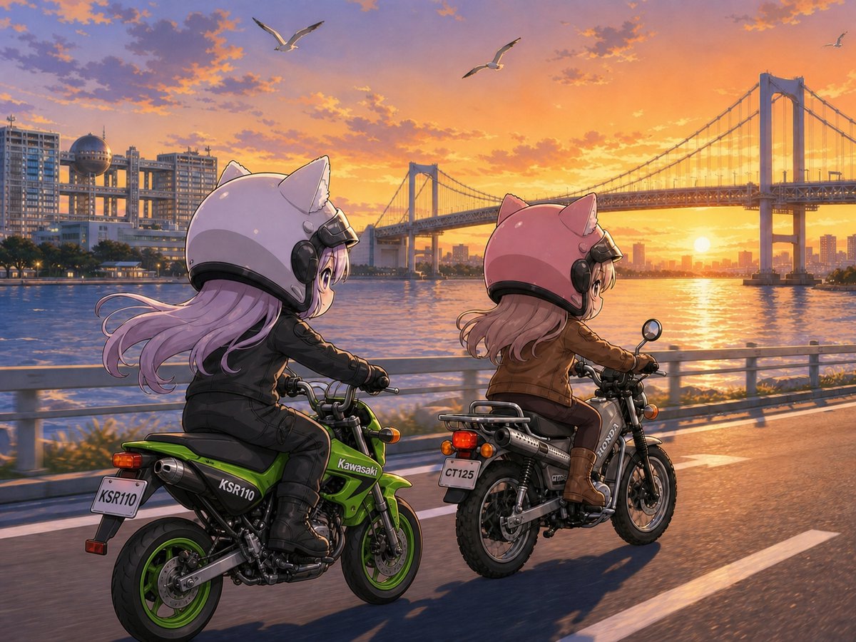 Cat-Eared Riders at Tokyo Bay Sunset AI image template preview