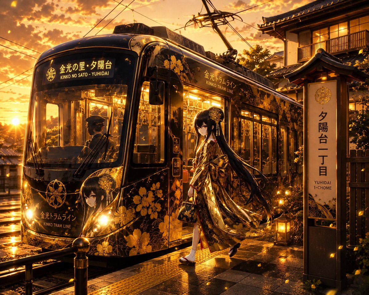 Golden Anime Tram at Sunset AI image template preview