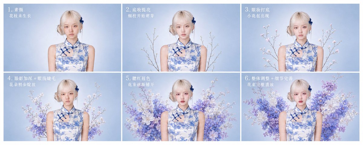 提示词:👇
生成一张 6 步流程图,主题为「旗袍花卉妆造生成过程」。每个小图保持 16:9,排版干 AI image template preview