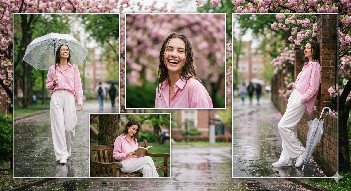Rainy Campus Fashion Portrait Collage AI image template preview
