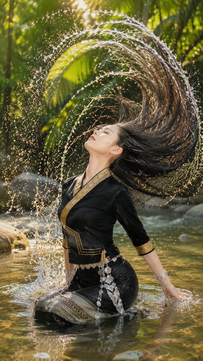 Dai Woman Riverbank Hair Washing AI image template preview