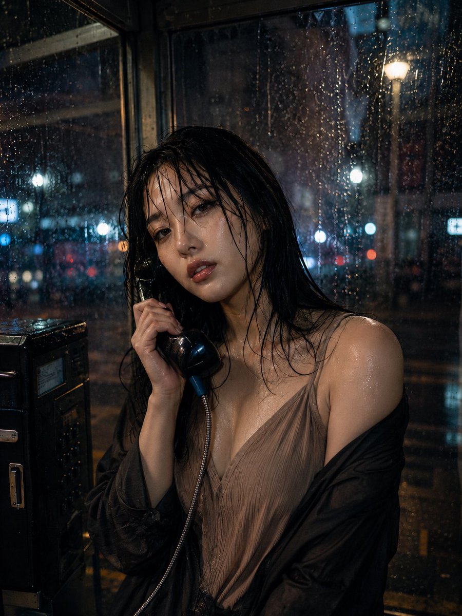 Cinematic Rainy Night Phone Booth Portrait AI image template preview