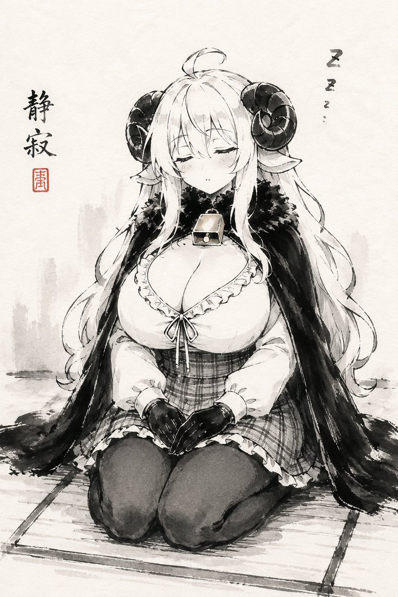 Sleepy Sheep Girl Sumi-e AI image template preview
