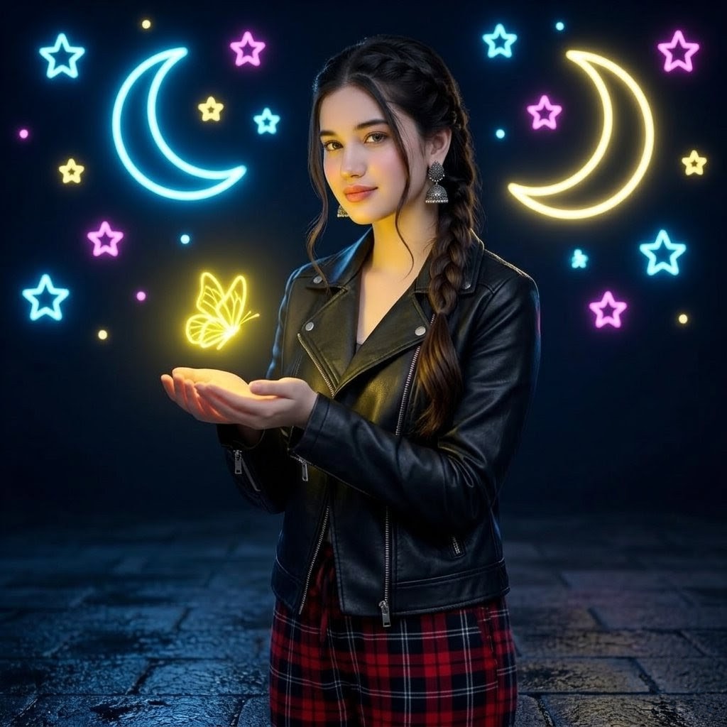 Neon Butterfly Night Portrait AI image template preview