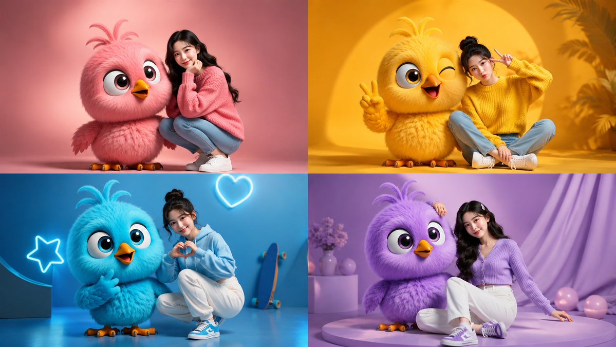Four-Color Chick Mascot Photo Collage AI image template preview