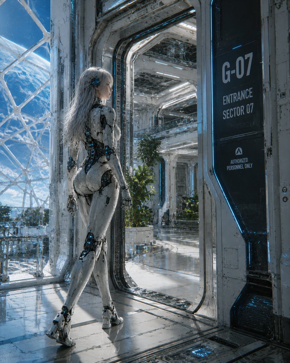 Female Android at Space Station Entrance AI image template preview