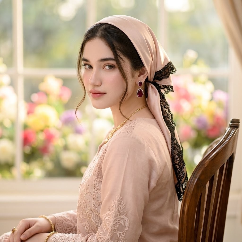 Elegant Blush Portrait with Headscarf AI image template preview