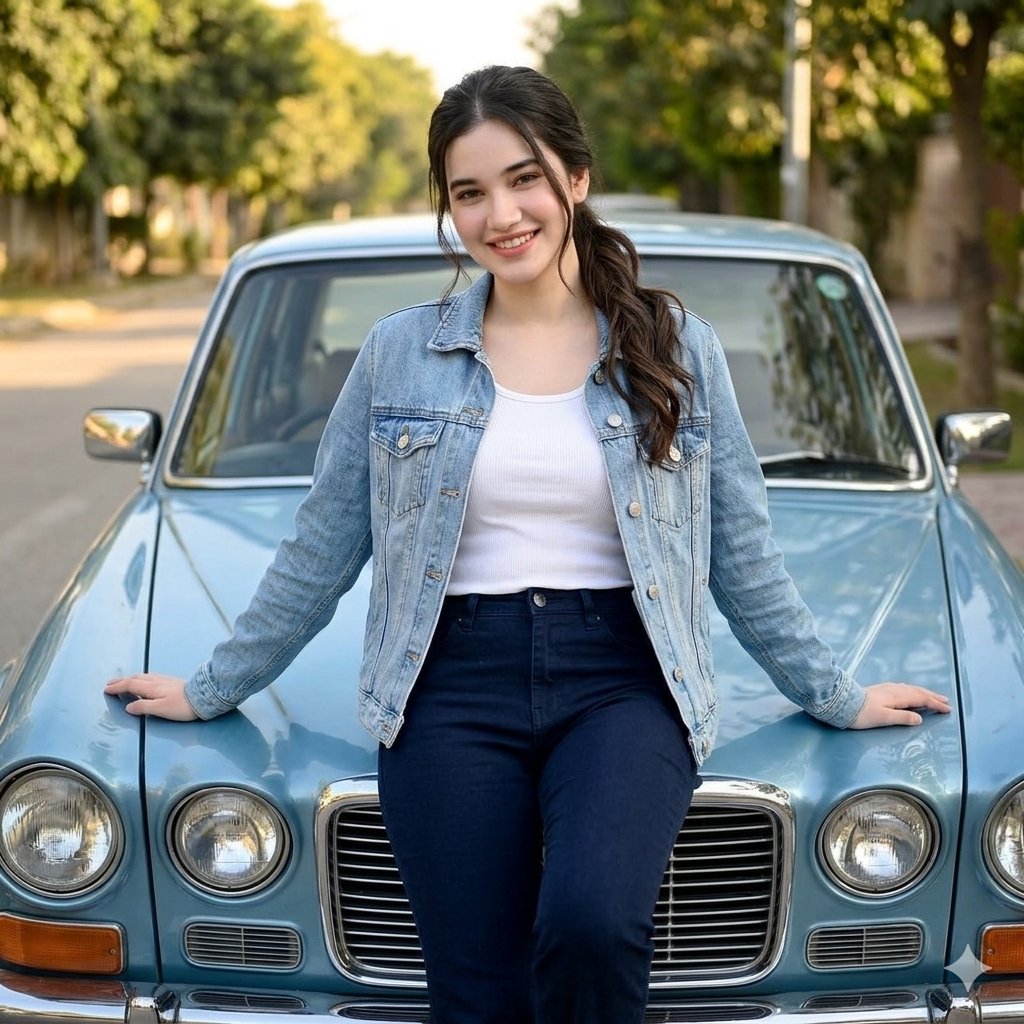 Woman Leaning on Vintage Blue Car AI image template preview