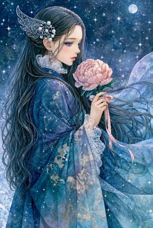 Moonlit Anime Woman with Peony AI image template preview