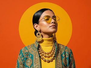 Photorealistic South Asian Woman in Retro Sun Setting AI image template preview