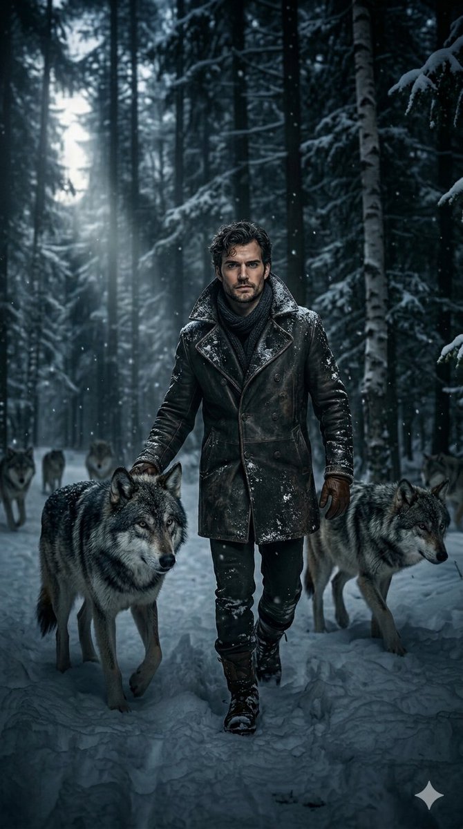 Man and Wolves Snowy Forest example 2