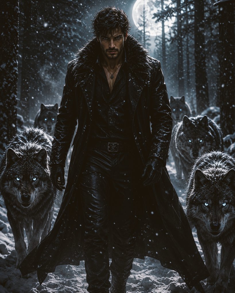 Man and Wolves Snowy Forest example 1