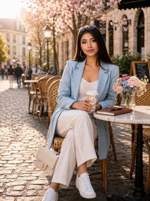 Sunlit Street Cafe Fashion Portrait AI image template preview