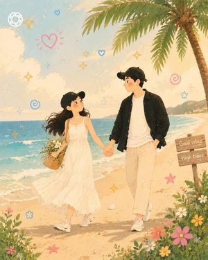 Whimsical Pastel Romantic Couple Illustration AI image template preview
