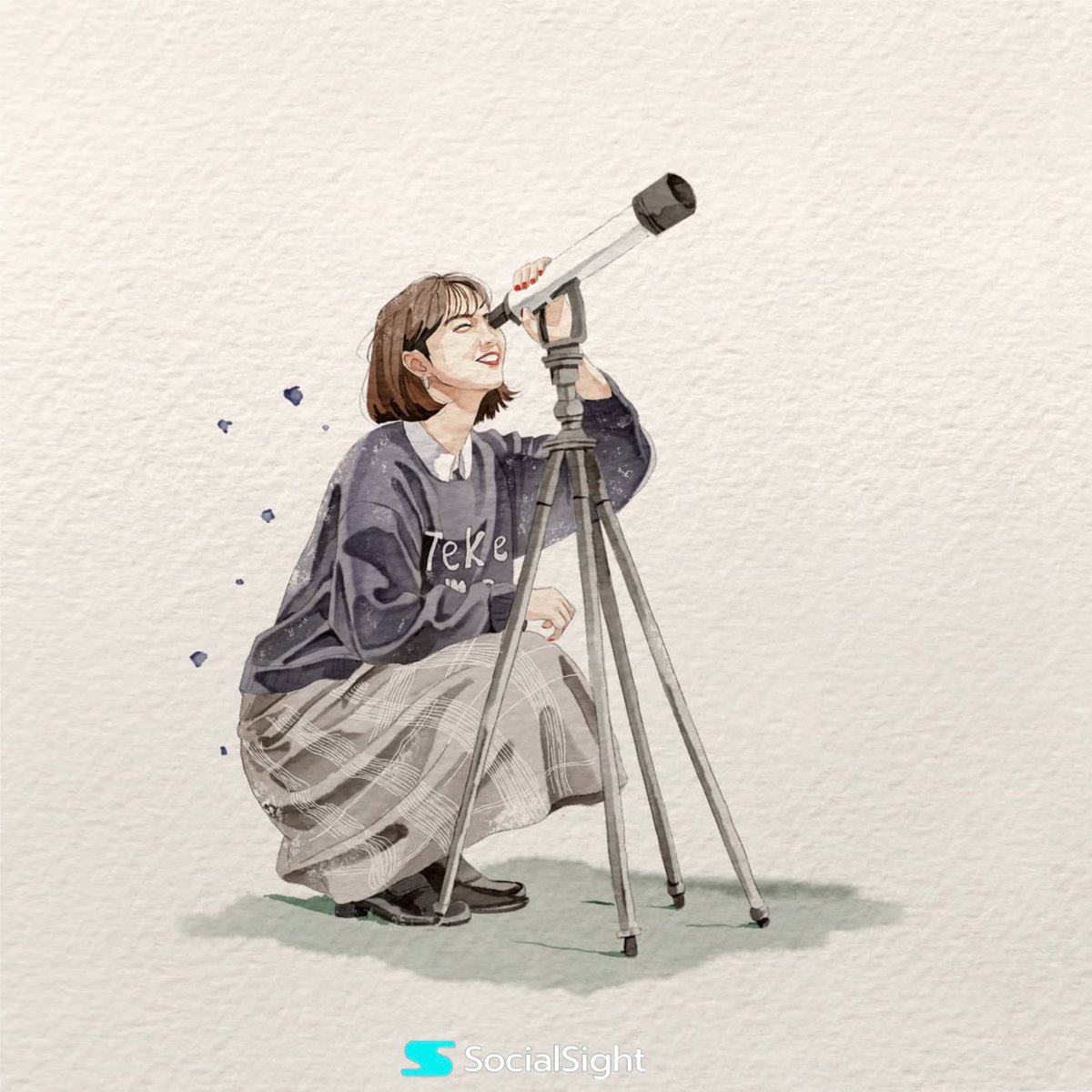 Watercolor Illustration of Woman with Telescope example 1