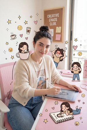 Pink Office Chibi Scene AI image template preview